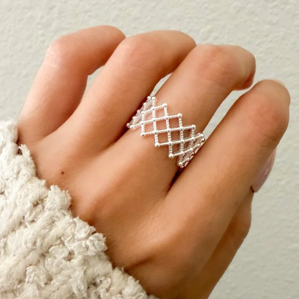 925 Sterling Silver Textured Ring Band Thick Ring Weave Woven Ring